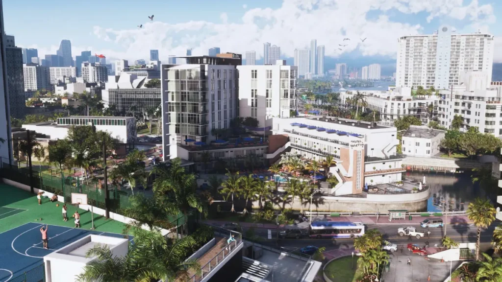 Vice City downtown skyline with palm trees, high-rise buildings, and basketball court in GTA 6