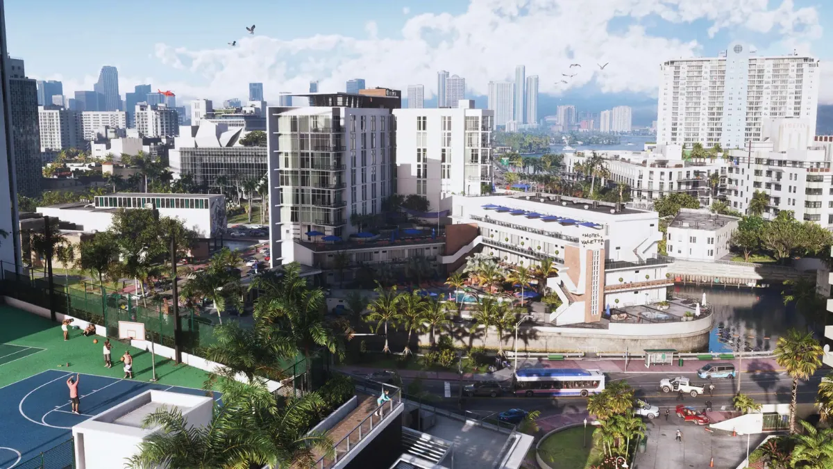 Vice City downtown skyline with palm trees, high-rise buildings, and basketball court in GTA 6