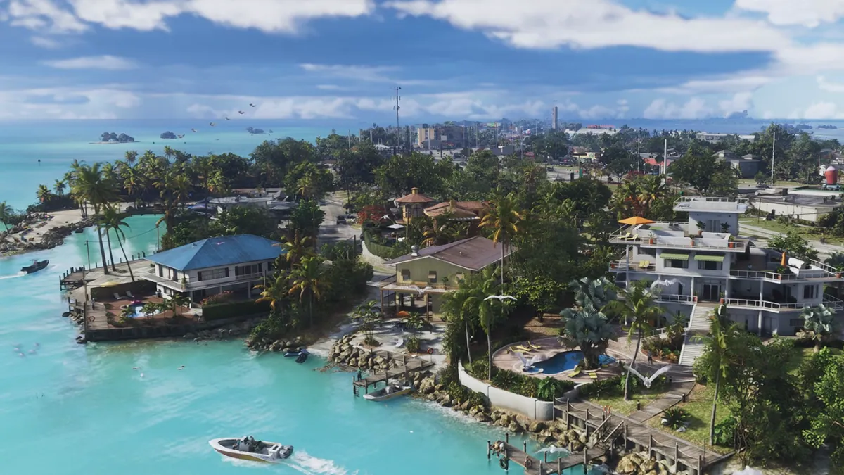 A scenic waterfront mansion view in GTA 6's Vice City from Trailer 2, featuring tropical houses, palm trees, boats, and turquoise water.
